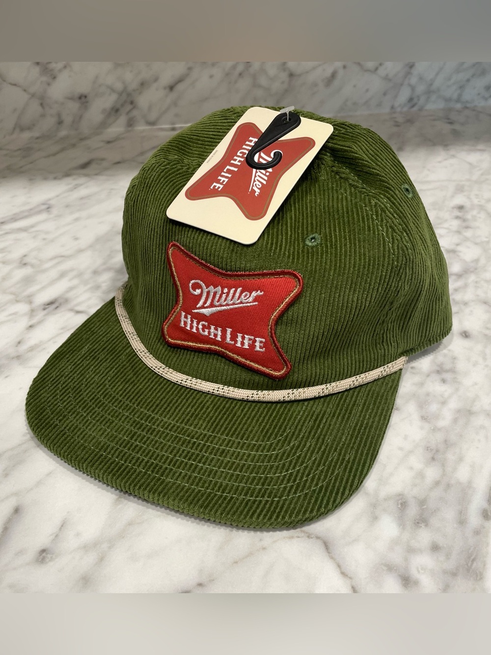 Miller High Life Olive Green Corduroy Snapback Hat Rope Cap NWT Vintage Style